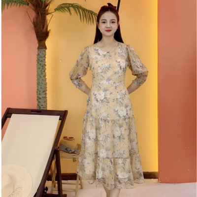 Đầm maxi trung niên cho mẹ - Cổ tròn tay dài - Màu Vàng hoa - TTV2058