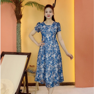 Đầm suông xòe - Cổ tròn tay ngắn - Màu Xanh hoa - TTV2059