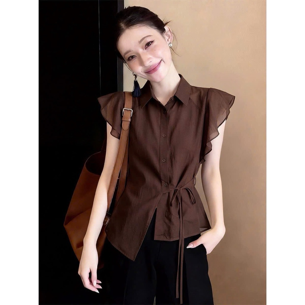 (ORDER) Áo nữ cổ sơ mi tay bèo, form ôm nhẹ có dây buộc eo tôn dáng, chất vải mềm mịn thoáng mát HC2