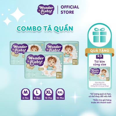 [MUA 3 TẶNG 3-HSD: 12/2027] Combo 3 Tã/Bỉm quần Thương Hiệu Nhật Bản WONDER BABY 5 Lớp Siêu Thấm Hút, Thoáng Khí