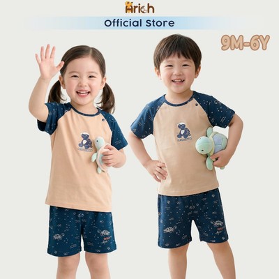 Bộ cộc tay cho bé mùa hè , Bộ cộc tay cài chéo Arich in Rùa Con, vải sợi tre petit, mềm, mát ,size 9 tháng đến 6 tuổi