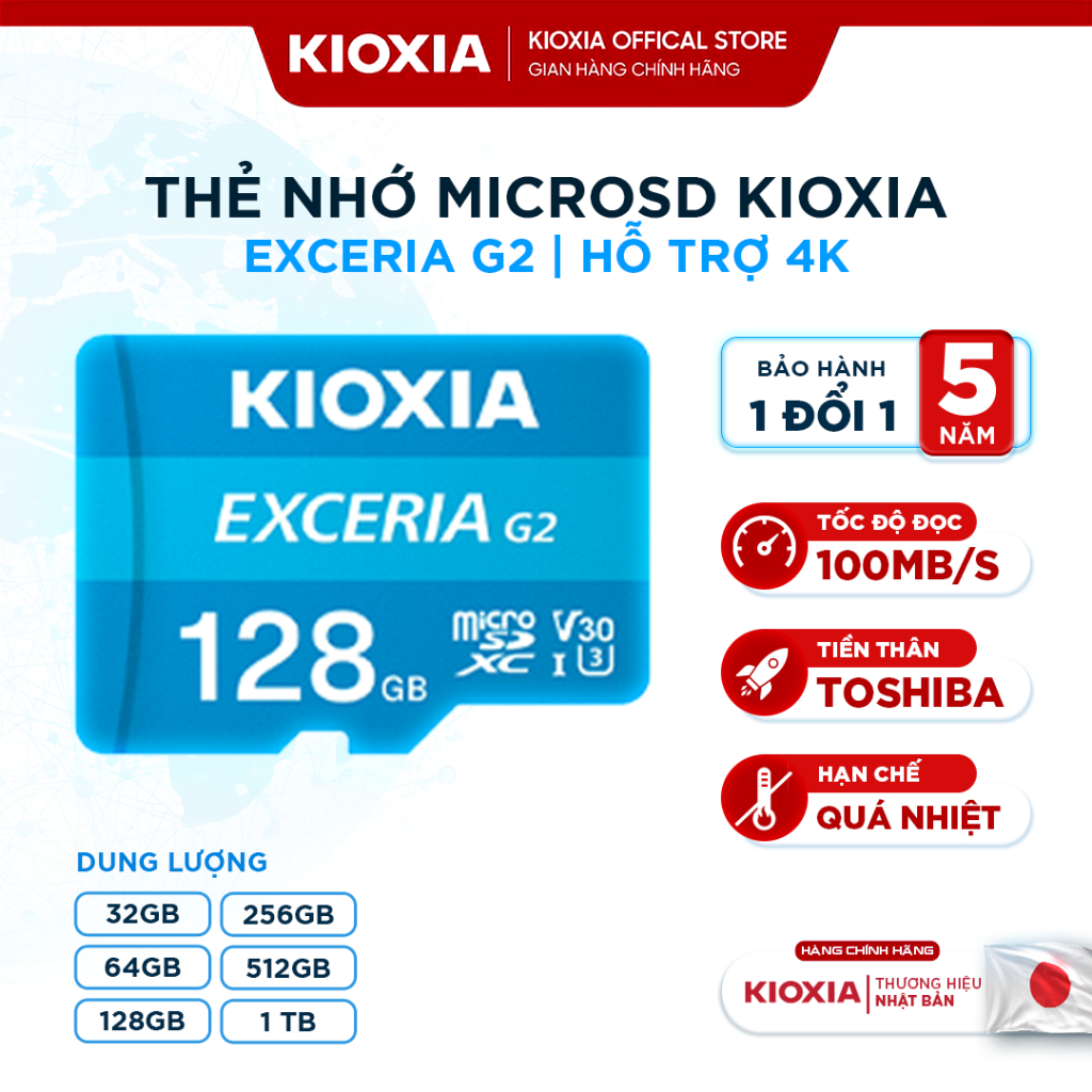 Thẻ nhớ chuyên dùng Camera, điện thoại KIOXIA microSD 128GB/256GB/512GB U3 V30 A1 4K - BH 5 năm