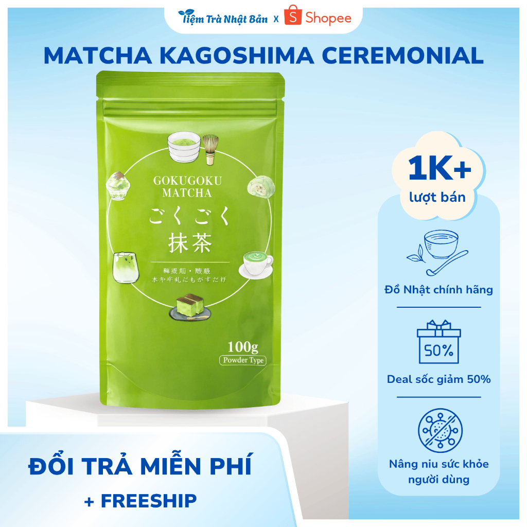 Bột Matcha 100g Ceremonial Matcha Kagoshima, Gokugoku Hương vị Umami dịu ngọt mịn màng Nhật Bản M02