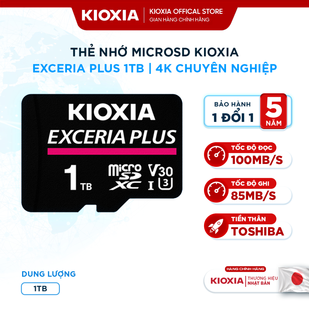 Thẻ nhớ microSD KIOXIA PLUS siêu bền 512GB/1TB/2TB U3 V30 A1 4K ghi 90MB/s kèm adapter, BH 5 năm
