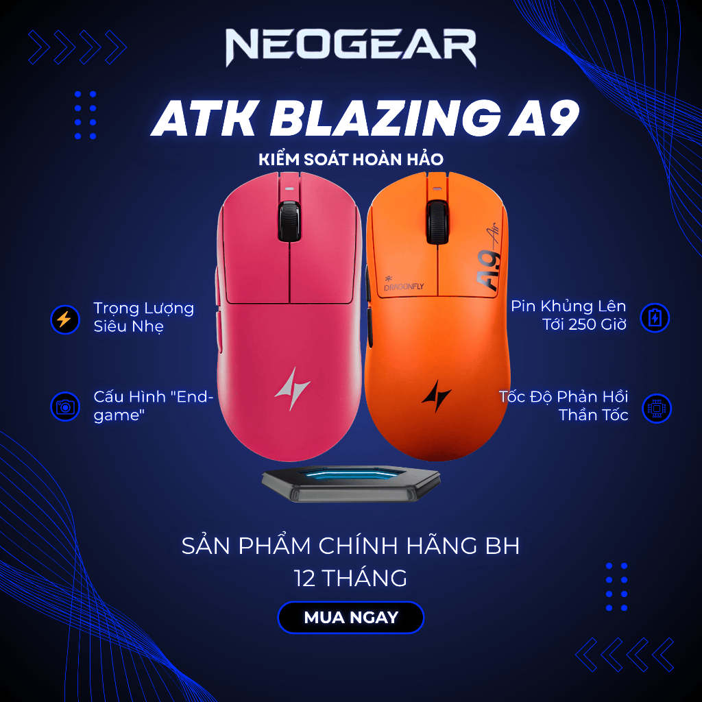 ⚡[Hot New] Chuột Gaming Không Dây ATK A9 Ultimate/UltraMax 2.0 - PAW3950 Ultra, NORDIC 54L15, 8000Hz
