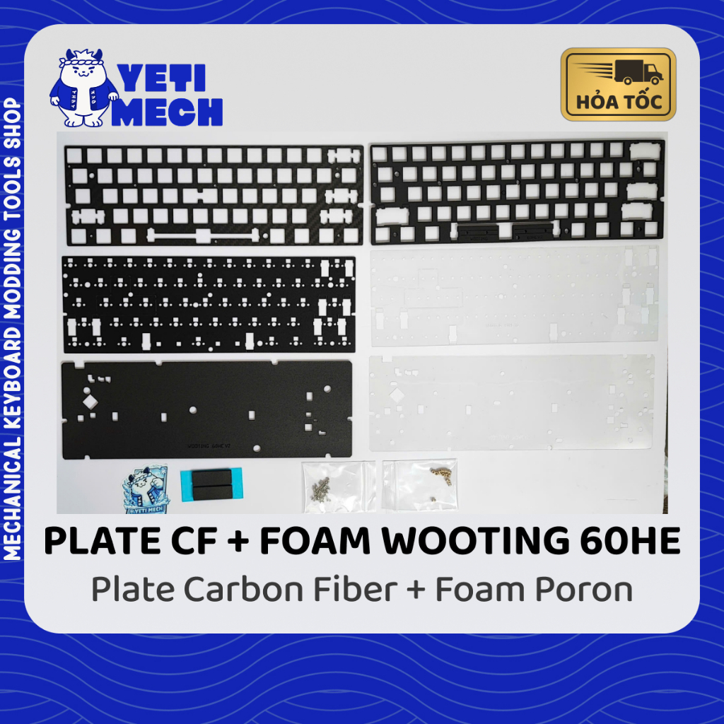 Bộ Plate Carbon Fiber và Foam Poron Wooting 60HE v1/v2 | Yeti Mech