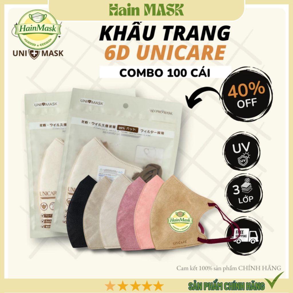 UNICARE Combo 50 Chiếc Khẩu trang UNICARE 6D ProMask Kháng Khuẩn Quai Mềm Mại 3 Lớp Kháng Khuẩn