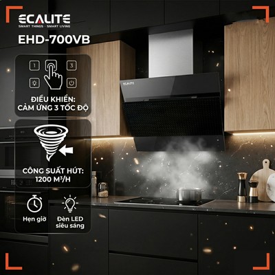 New 2026 - 1.200m3/h | Máy hút mùi kính vát Ecalite EHD-700VB - Công suất lớn 1200m3/h - Siêu Mạnh, Siêu Êm, Hàng Chuẩn