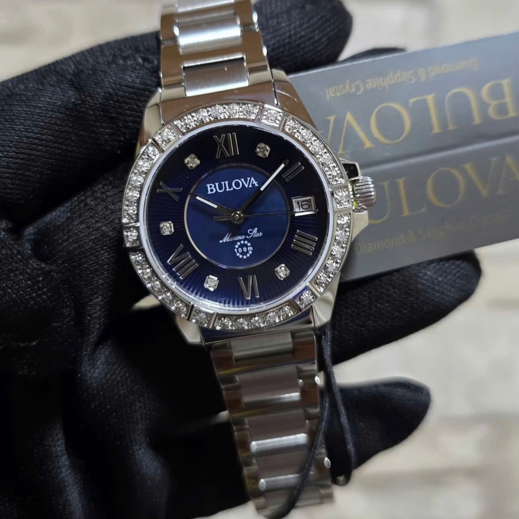 Đồng hồ nữ dây thép Bulova Marine Star Quartz Diamond Midnight 96R215