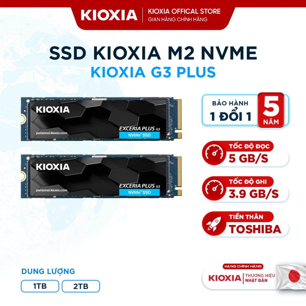 SSD KIOXIA  G3 PLUS 1TB/2TB Gen 4 - M2 NVMe, 5000/3900MB/s, BH 5 Năm