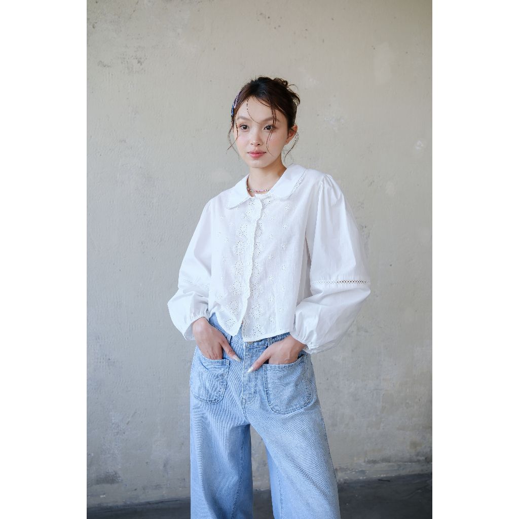 Áo Sơ Mi Nữ LENCLOTHING A1584-00 - Áo Somi Boi Phối Ren Trắng