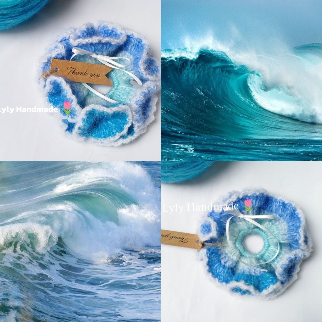 Scrunchies len handmade concept biển, đại dương/Scrunchies len handmade tone xanh biển