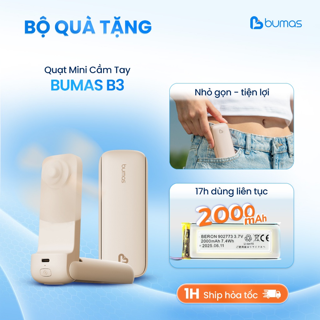 Quạt Mini Cầm Tay BUMAS B3 - Nhỏ Gọn - Bền Bỉ - Sử Dụng 17h - Quà Tặng Bạn Nhỏ - Bảo Hành 6 Tháng