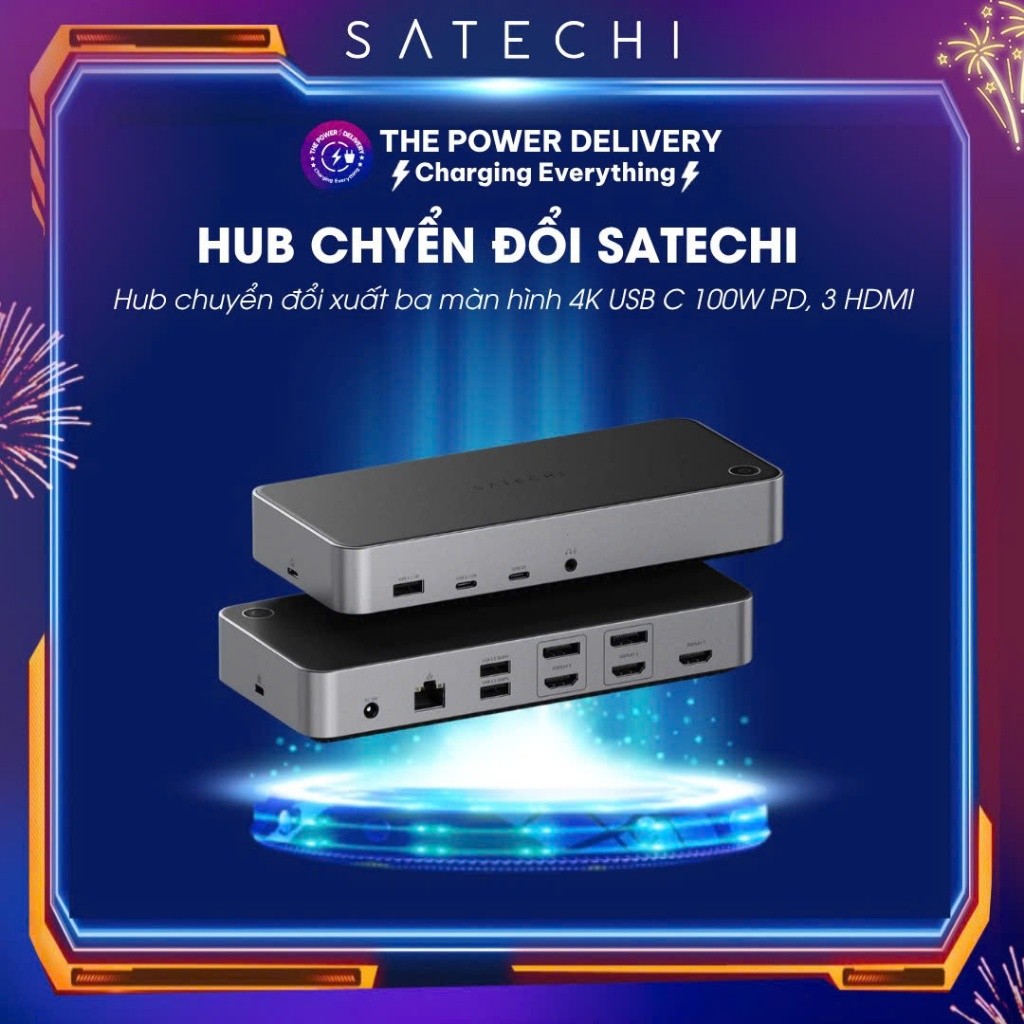 Hub Chyển Đổi Satechi xuất ba màn hình 4K USB C Docking Station 13 trong 1, với 100W PD, 2 DisplayPo