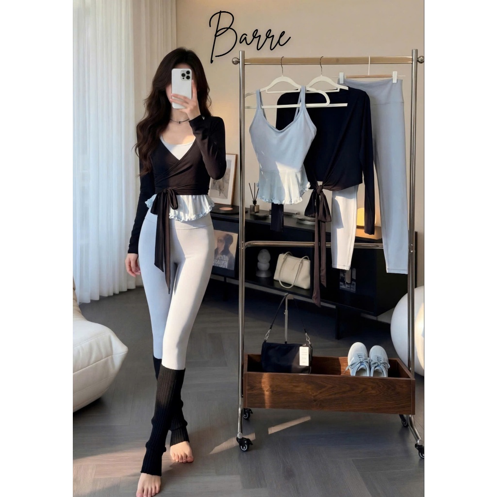 Áo Barre xòe bồng x Quần Softy legging cao cấp Chu:Hee (KHÔNG GỒM ÁO KHOÁC NGOÀI), sẵn mút ngực, tôn dáng