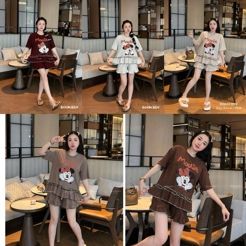 [Ảnh thật Muối] Set Bộ Áo In Pet Mckyy M0use Phối Quần Short Pha Bèo Điệu Hot Girl, Vải Thun Lạnh Ca