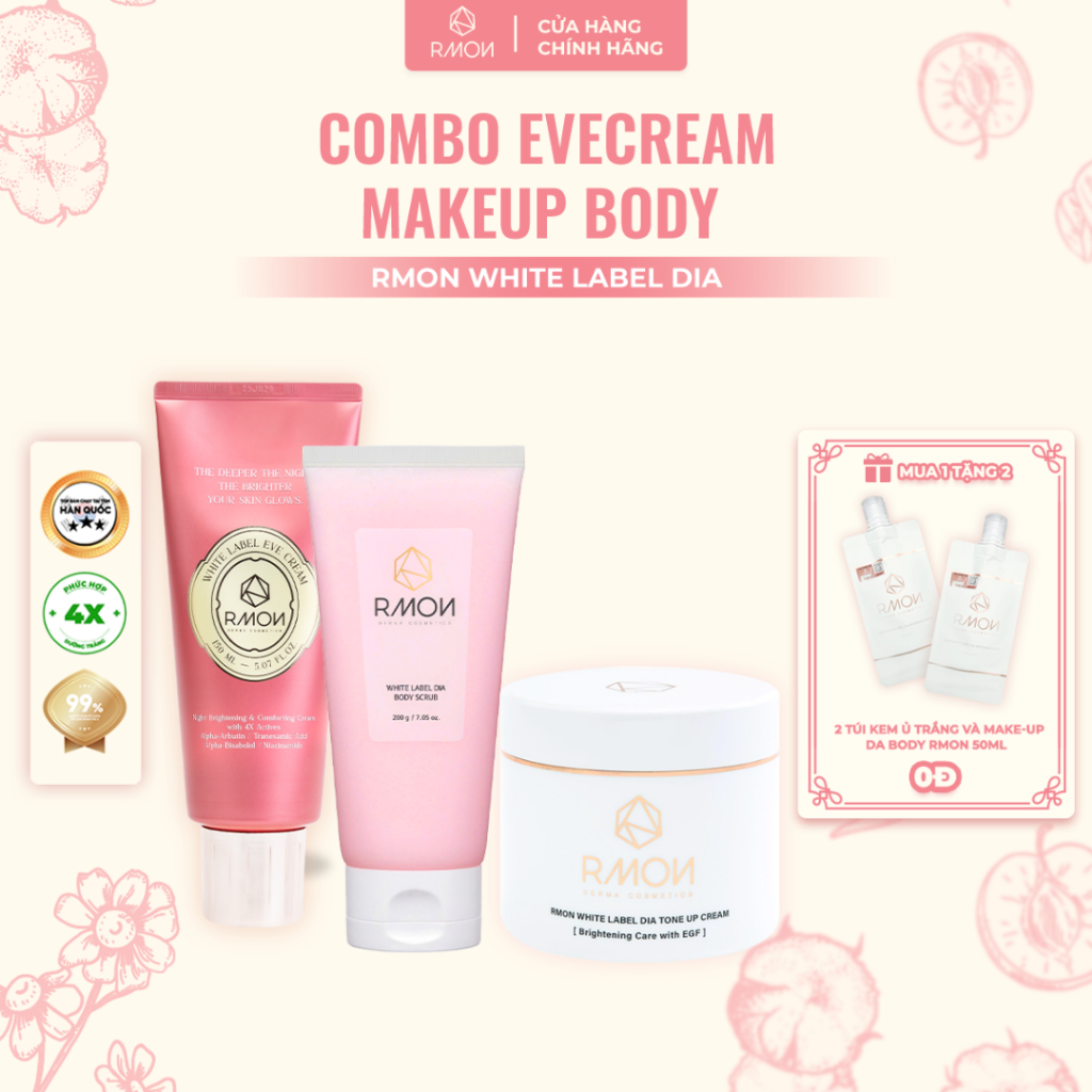 Combo Bộ 3 Chăm Sóc Da Toàn Diện Kem Evecream Rmon, Kem Giúp Ủ Trắng và Make-Up Da Body RMON và Tẩy 