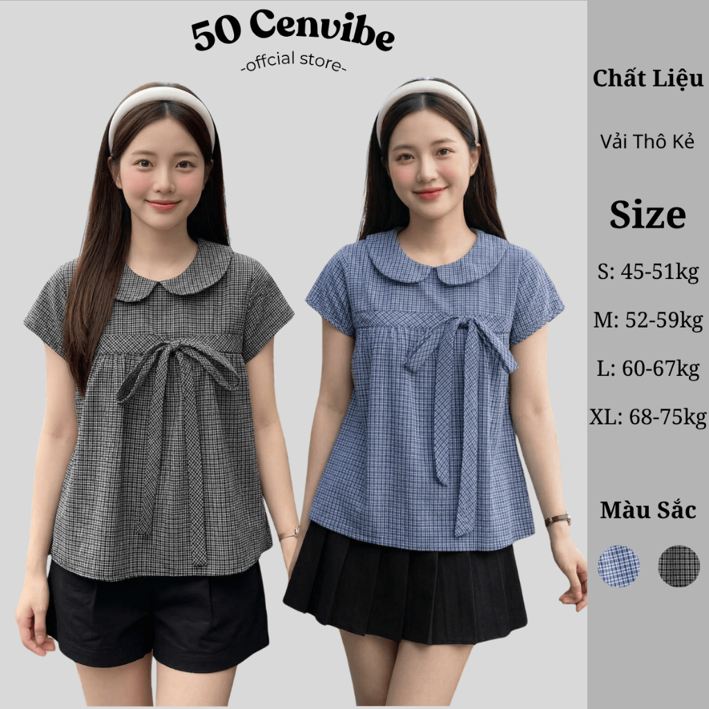 Áo Babydoll Nữ Kẻ Caro Cổ Lá Sen Có Bigsize 45-75kg Tay Ngắn Thắt Nơ Trước Form Suông (50 Cenvibe.Cl