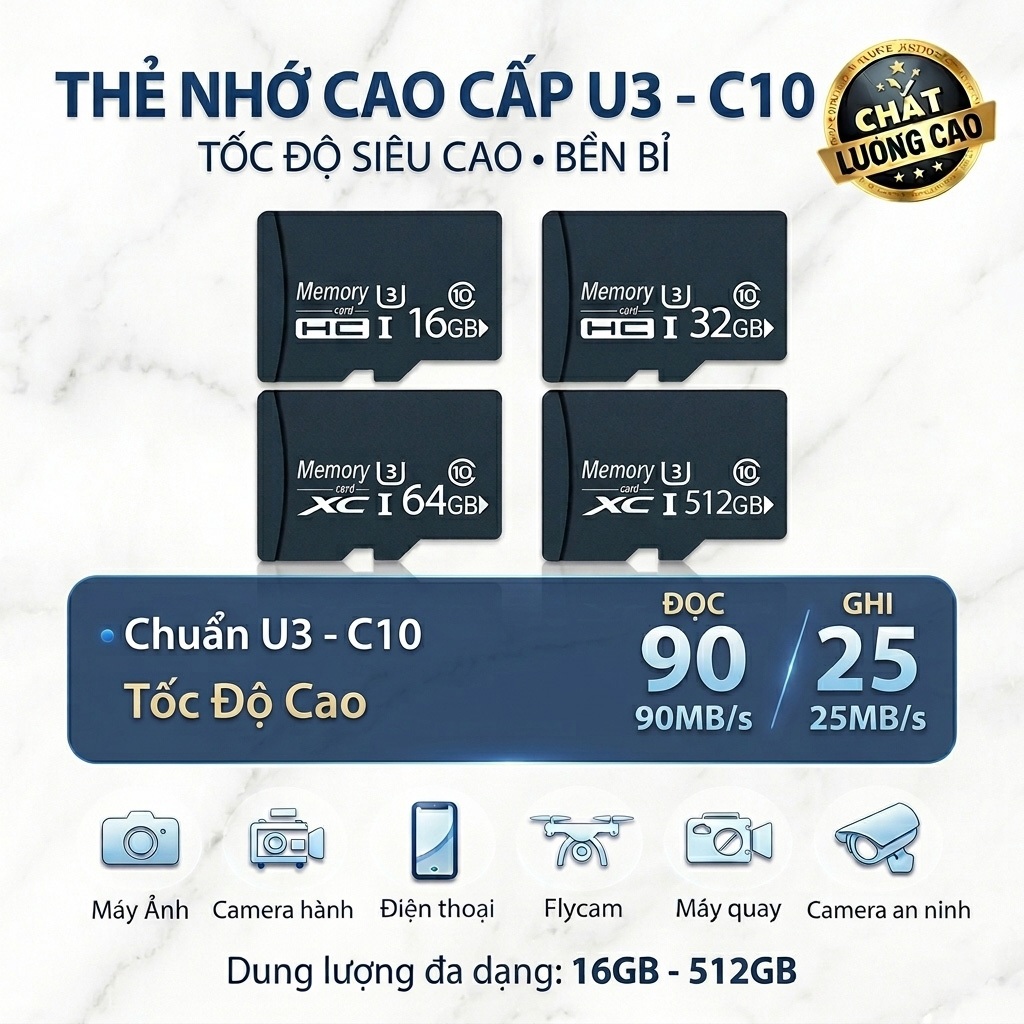 Thẻ Nhớ 32GB/64GB/128GB/256GB/256GB Class 10 U3 (UHS-3) dung lượng chuẩn, chất lượng cao BTShop