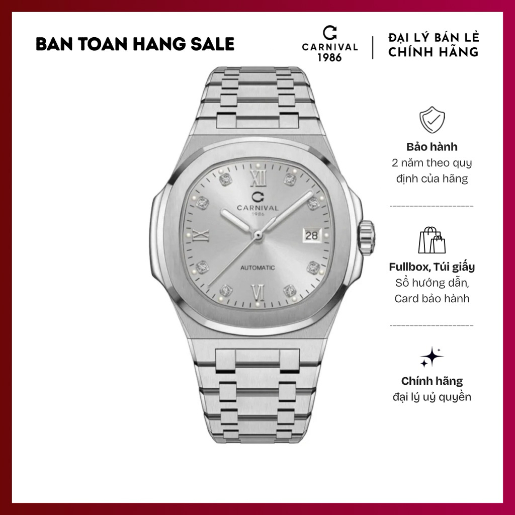 Đồng hồ Automatic Nam Carnival, mặt xám 41mm thời thượng, dây thép không gỉ, chống nước chính hãng 8