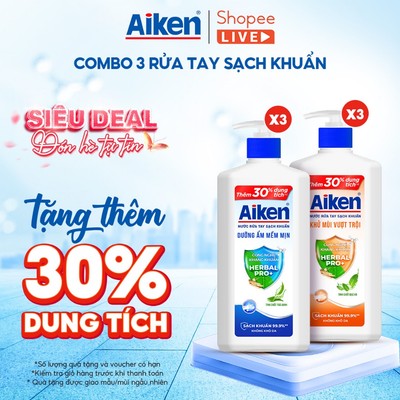 Combo 3 Nước rửa tay Aiken Sạch khuẩn khử mùi / dưỡng ẩm ( 494g x 3 ) - Live stream