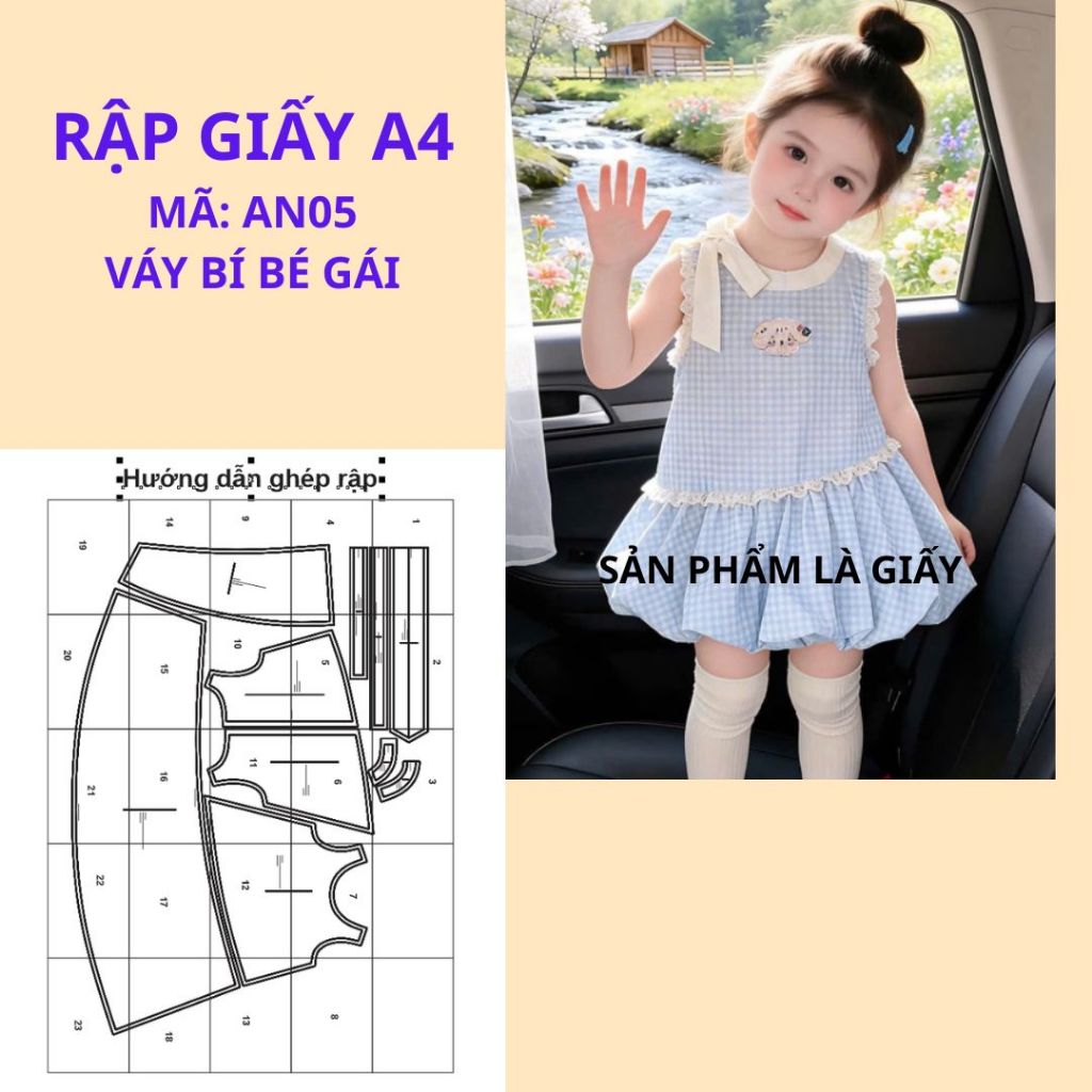 Rập giấy A4 cắt ghép may váy bí bé gái - AN05