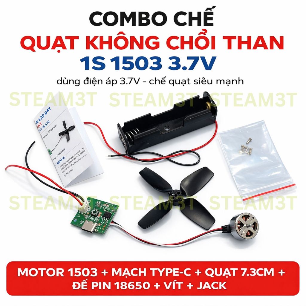 Combo Chế Quạt Không Chổi Than 1S 1503 3.7V – Motor 1503 + Mạch Type-C + Cánh Quạt 7.3cm + Đế Pin 18