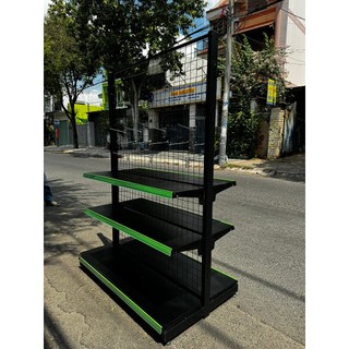 Kệ  siêu thị đôi (2 mặt) MÀU ĐEN ( Cao 1m5 x Dài 1m2 x 1 2 3 4 tầng ) tặng kèm nẹp nhựa.