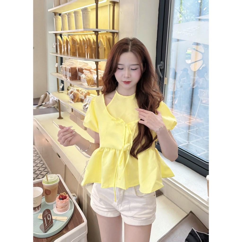 Áo kiểu nữ, áo babydoll cổ yếm tay bồng thắt nơ ngực xinh xắn phong cách tiểu thư (kèm quà tặng) AOT118 | BigBuy360 - bigbuy360.vn