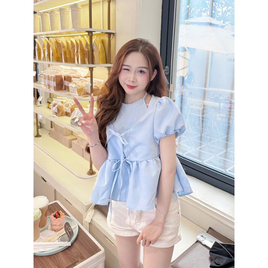 Áo kiểu nữ, áo babydoll cổ yếm tay bồng thắt nơ ngực xinh xắn phong cách tiểu thư (kèm quà tặng) AOT118 | BigBuy360 - bigbuy360.vn