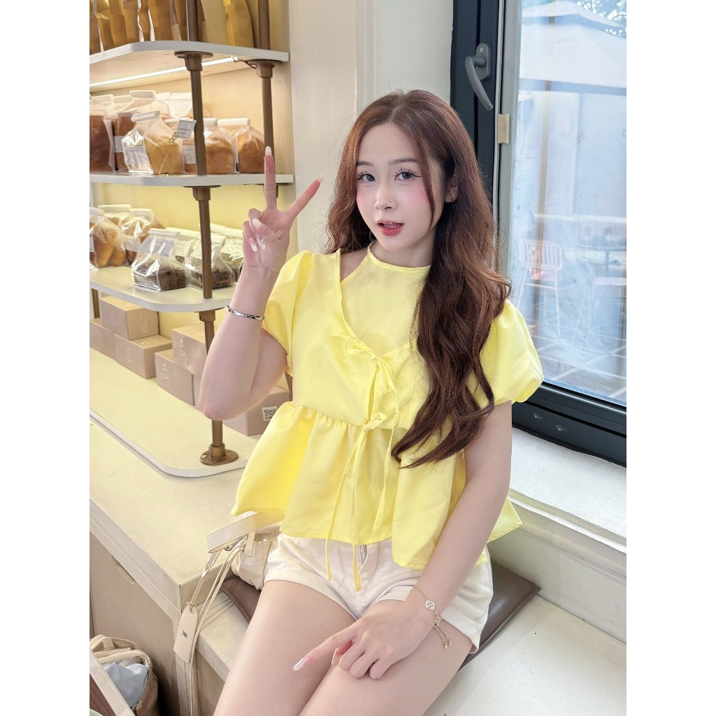 Áo kiểu nữ, áo babydoll cổ yếm tay bồng thắt nơ ngực xinh xắn phong cách tiểu thư (kèm quà tặng) AOT118 | BigBuy360 - bigbuy360.vn
