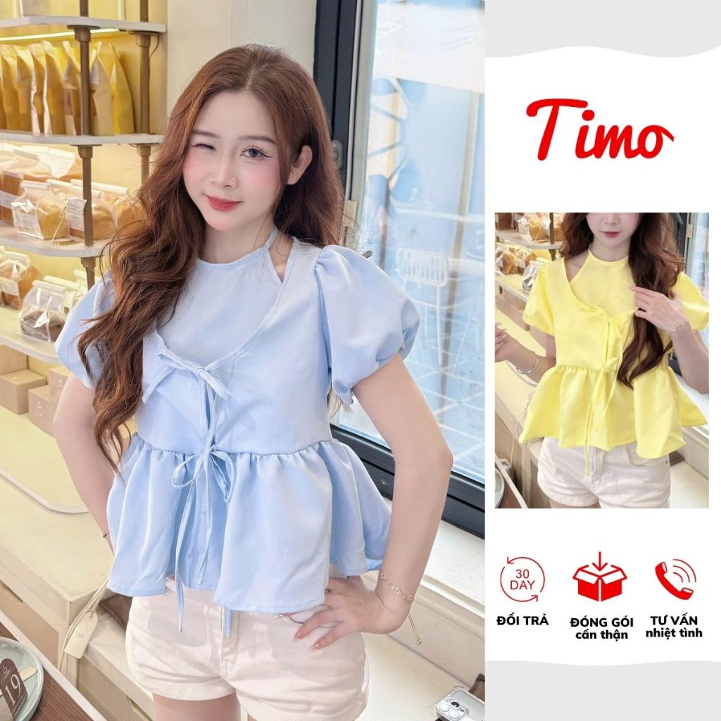 Áo kiểu nữ, áo babydoll cổ yếm tay bồng thắt nơ ngực xinh xắn phong cách tiểu thư (kèm quà tặng) AOT118 | BigBuy360 - bigbuy360.vn