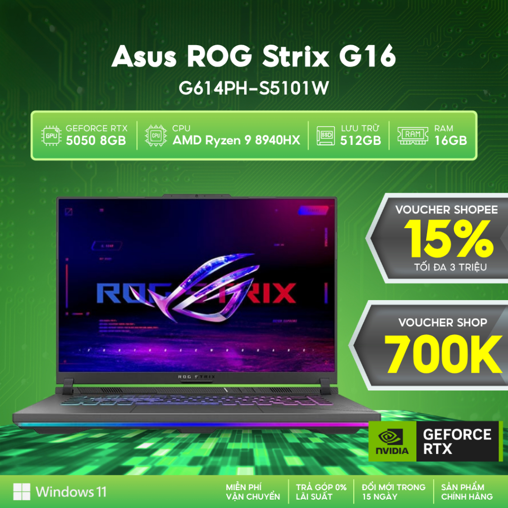 Laptop Asus ROG Strix G16 G614PH-S5101W  Geforce RTX 5050 8GB / AMD Ryzen 9 8940HX / 16GB / 512GB SS