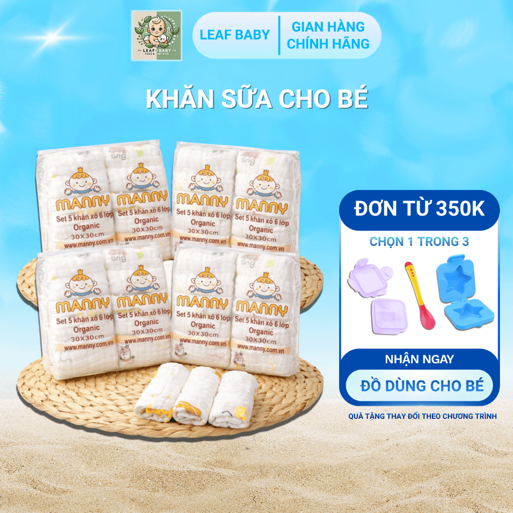Khăn sữa cho bé - Set 5 khăn xô, khăn yếm 6 lớp organic Manny - Leaf Baby
