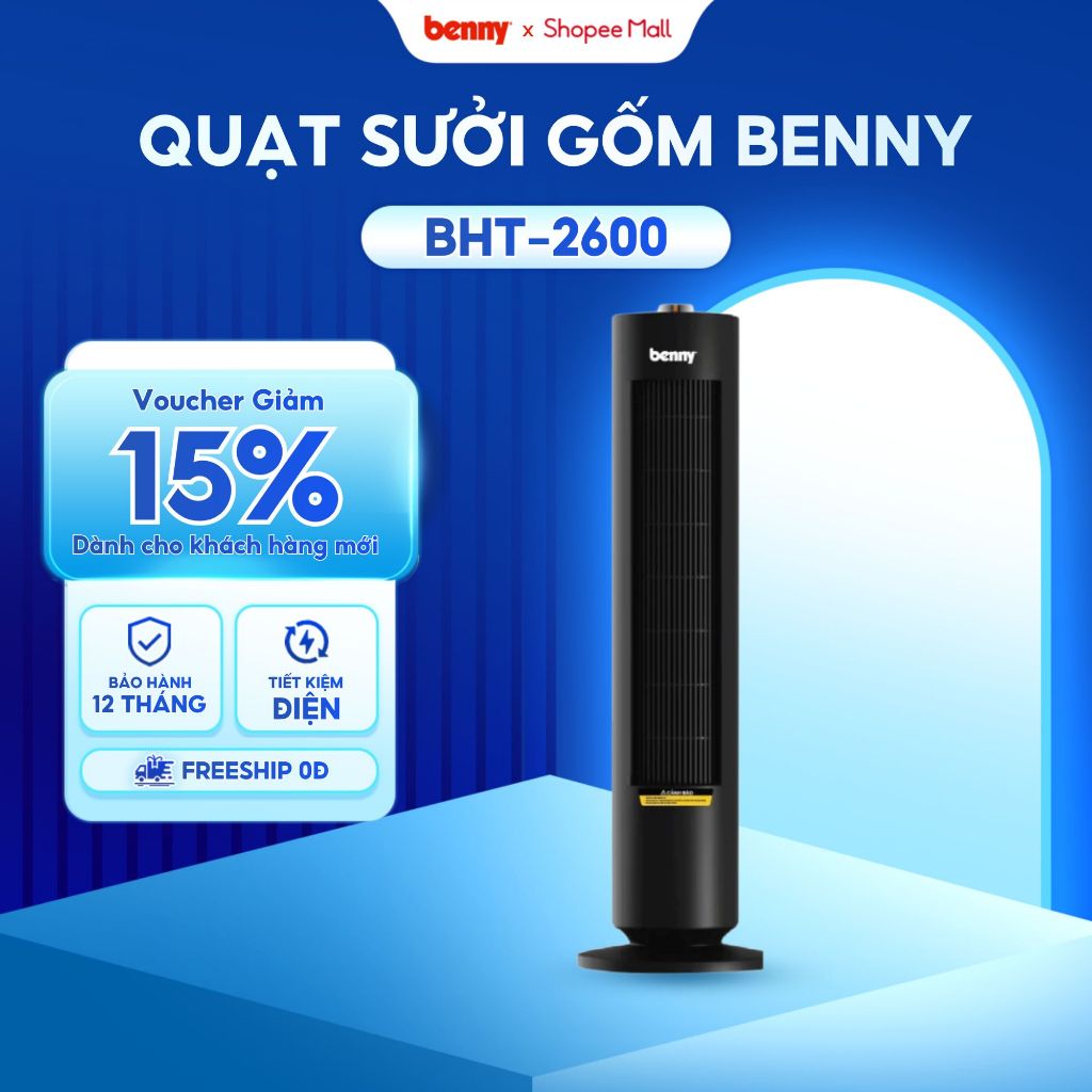 Quạt Sưởi Gốm không làm khô da Benny BHT-2600, Black, 2.200W, phím cơ,thiết kế sang trọng, tự ngắt k