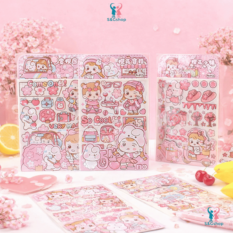 Set 8 Tấm Sticker Dán Trang Trí Cute Cô Gái – Sticker Dán Sổ Tay, Planner, Scrapbook Phong Cách Kawa
