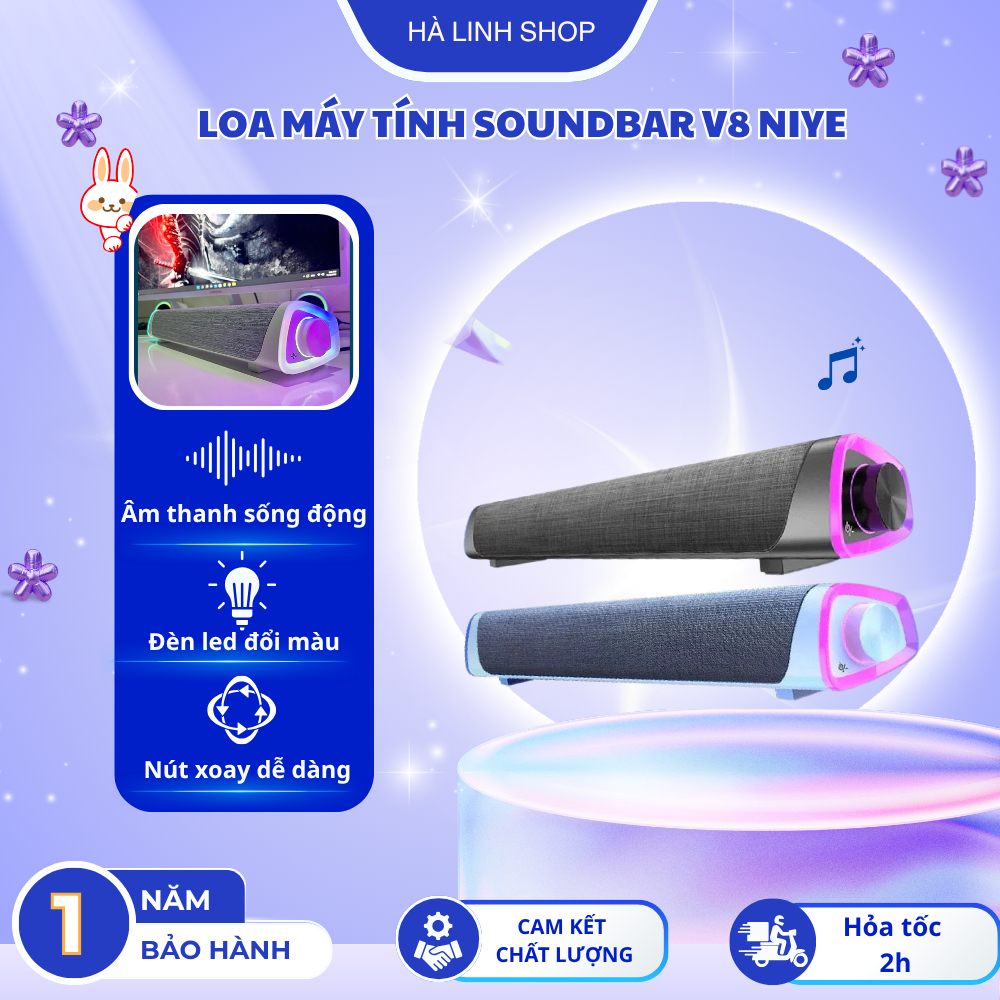 Loa Máy Tính Laptop PC Soundbar V8 Bluetooth NIYE Âm Thanh Bass Cực Thiết Kế Đèn Led Hiện Đại Thiết 