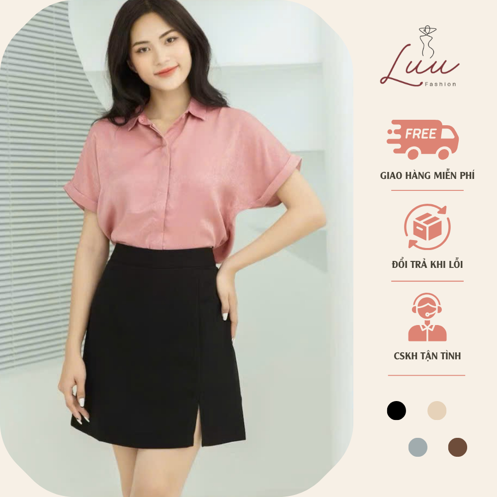 Chân váy chữ A dáng chớm gối hàng 2 lớp LUU50-2 xẻ tà trước nhẹ chất Vitex - Luu fashion