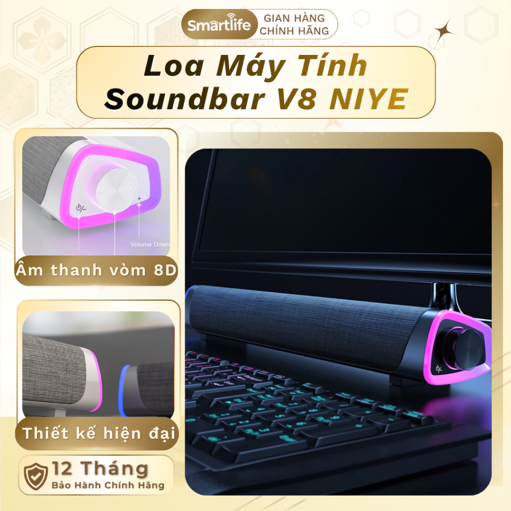 Loa Máy Tính Soundbar V8 NIYE có dây cắm Led RGB, công nghệ âm thanh vòm 8D sống động, chân thực cho