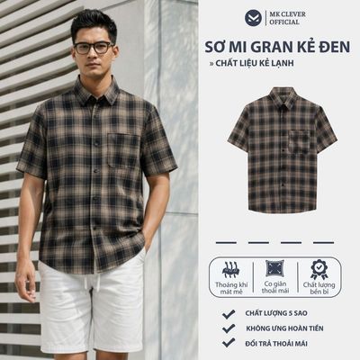 Áo Sơ Mi nam kẻ đen Gran MKCLEVER Chất kẻ lạnh Hàn mềm mịn, thoáng mát, chống nhăn tốt, form rộng mặc hằng ngày