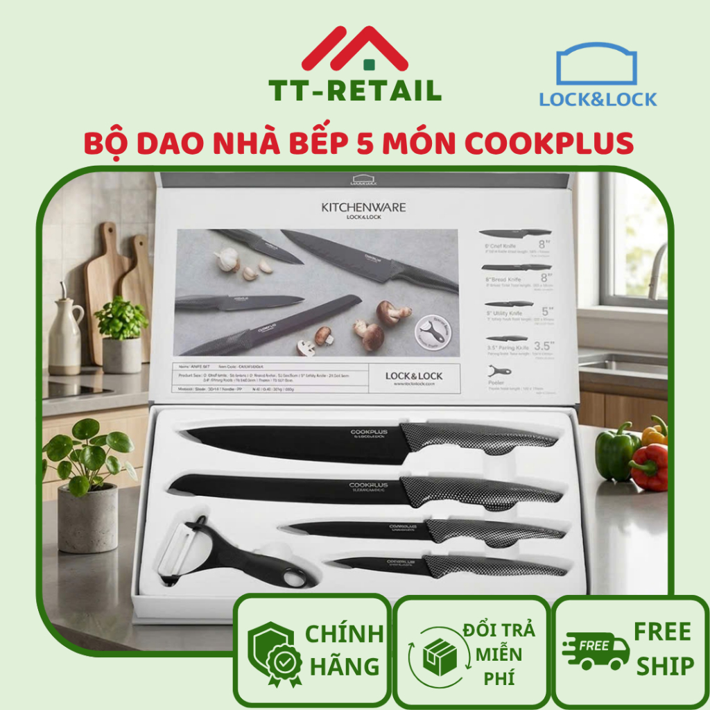 Bộ dao nhà bếp 5 món LocknLock COOKPLUS CKK101S5BLK ,bằng thép không gỉ bọc sứ, có hộp đựng