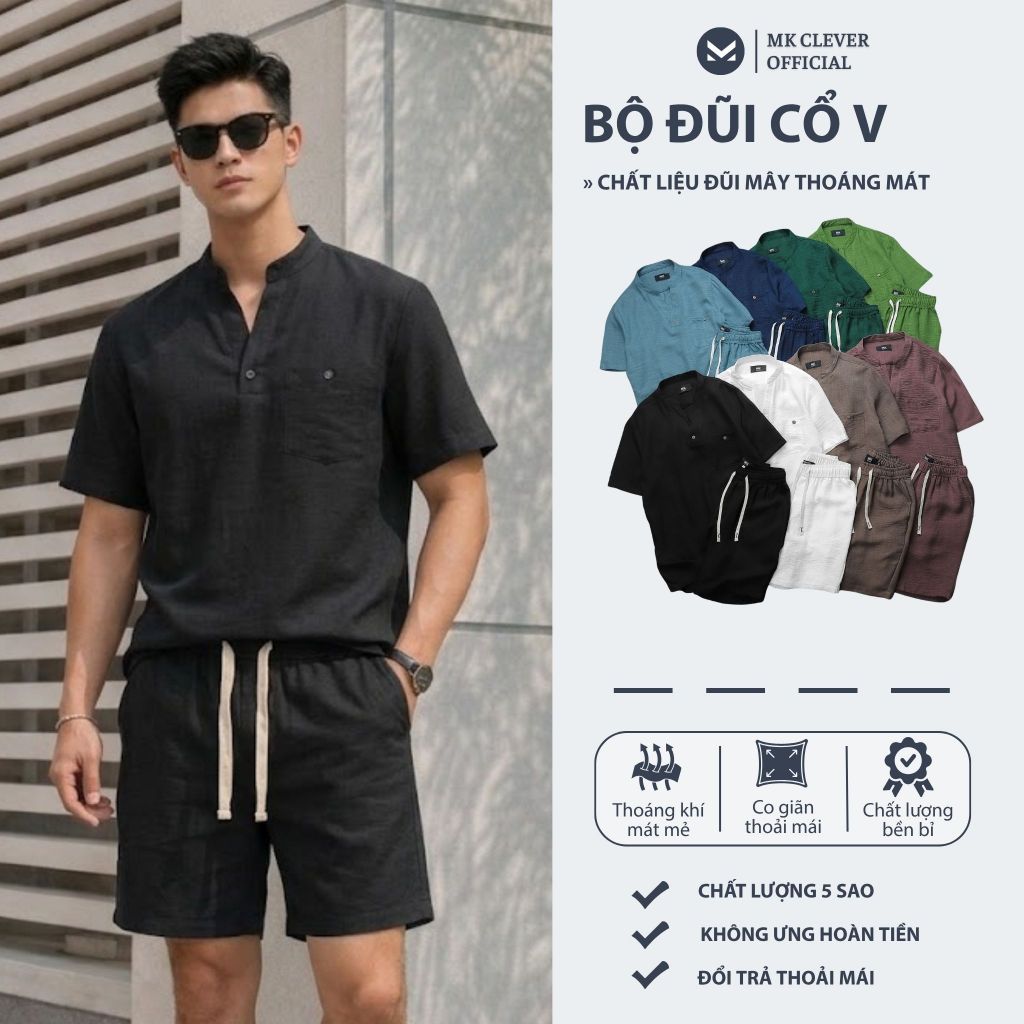 Set đồ nam cổ V chất đũi mây MK CLEVER form rộng thoải mái, form tiêu chuẩn, không nhăn, set đồ nam 