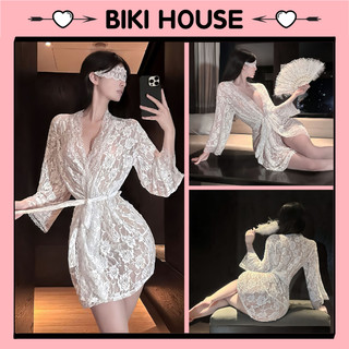 Áo choàng ngủ ren hoa xuyên thấu dài tay gợi cảm cuốn hút áo khoác tắm có đai cột lưng sexy quyến rũ BIKI HOUSE N138
