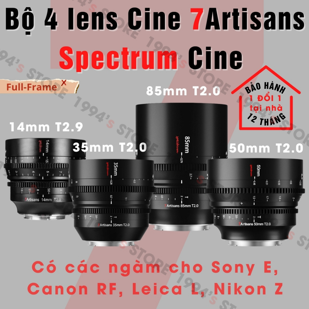 Bộ 4 lens quay phim 7Artisans Spectrum Cinema Lenses for Full-Frame 14mm T2.9, 35mm T2.0, 50mm T2.0,