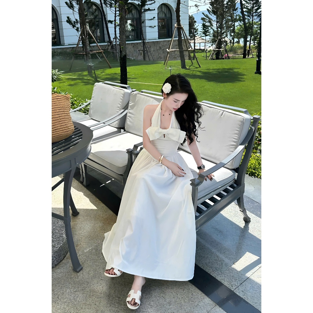 Đầm Maxi Cổ Yếm Dáng Dài Thắt Nơ Nguc Chất Liệu Thô Hàn Mềm Mại | BigBuy360 - bigbuy360.vn