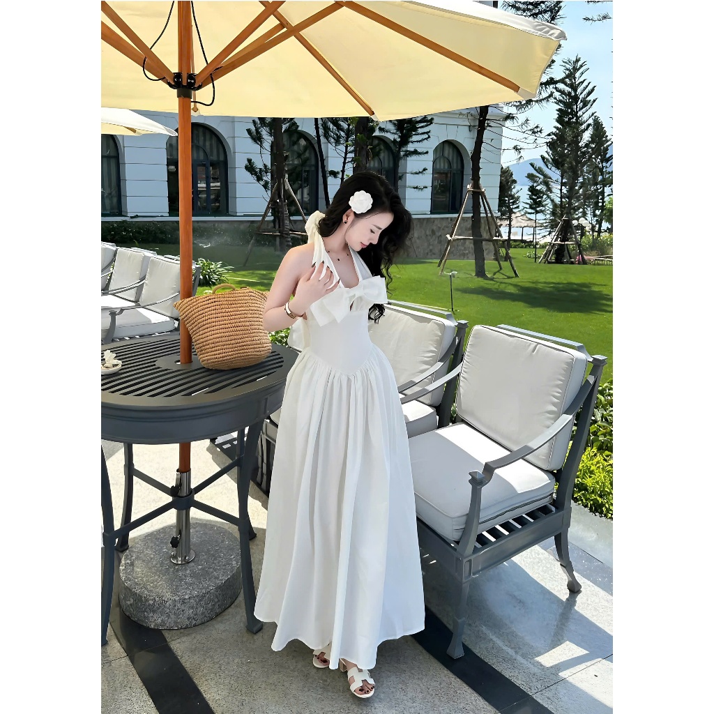 Đầm Maxi Cổ Yếm Dáng Dài Thắt Nơ Nguc Chất Liệu Thô Hàn Mềm Mại | BigBuy360 - bigbuy360.vn