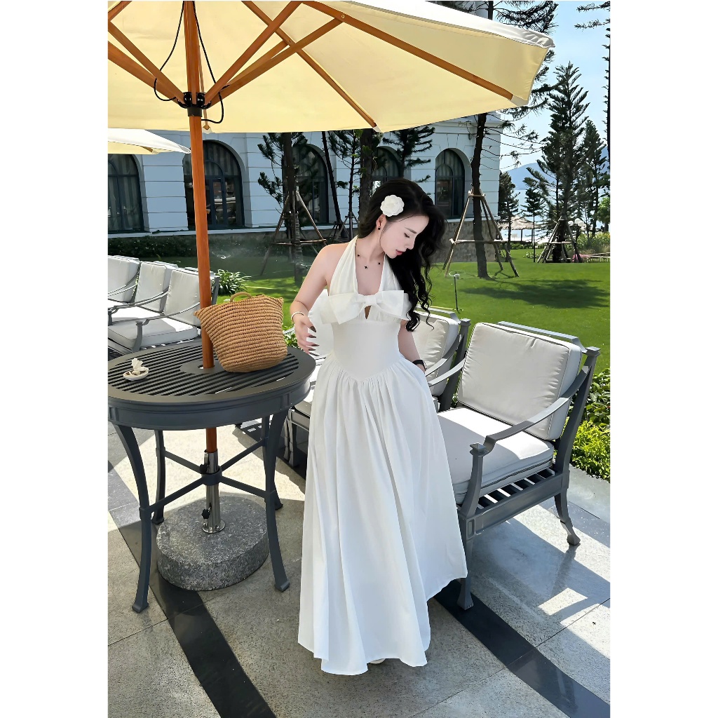 Đầm Maxi Cổ Yếm Dáng Dài Thắt Nơ Nguc Chất Liệu Thô Hàn Mềm Mại | BigBuy360 - bigbuy360.vn