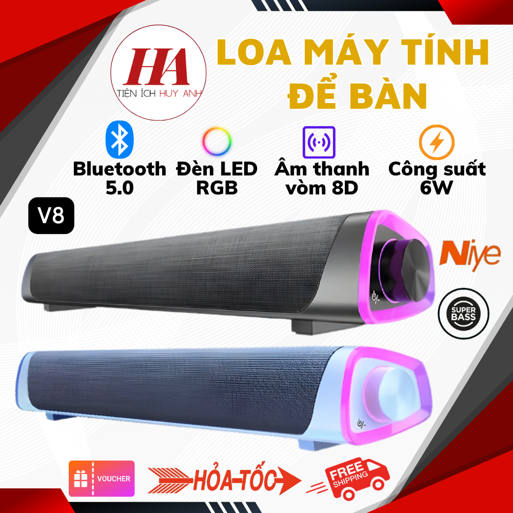 Loa Vi Tính SoundBar Bluetooth, Có dây cắm Led RGB Niye V8 - Âm Thanh Vòm 8D Chân Thực Sống Động