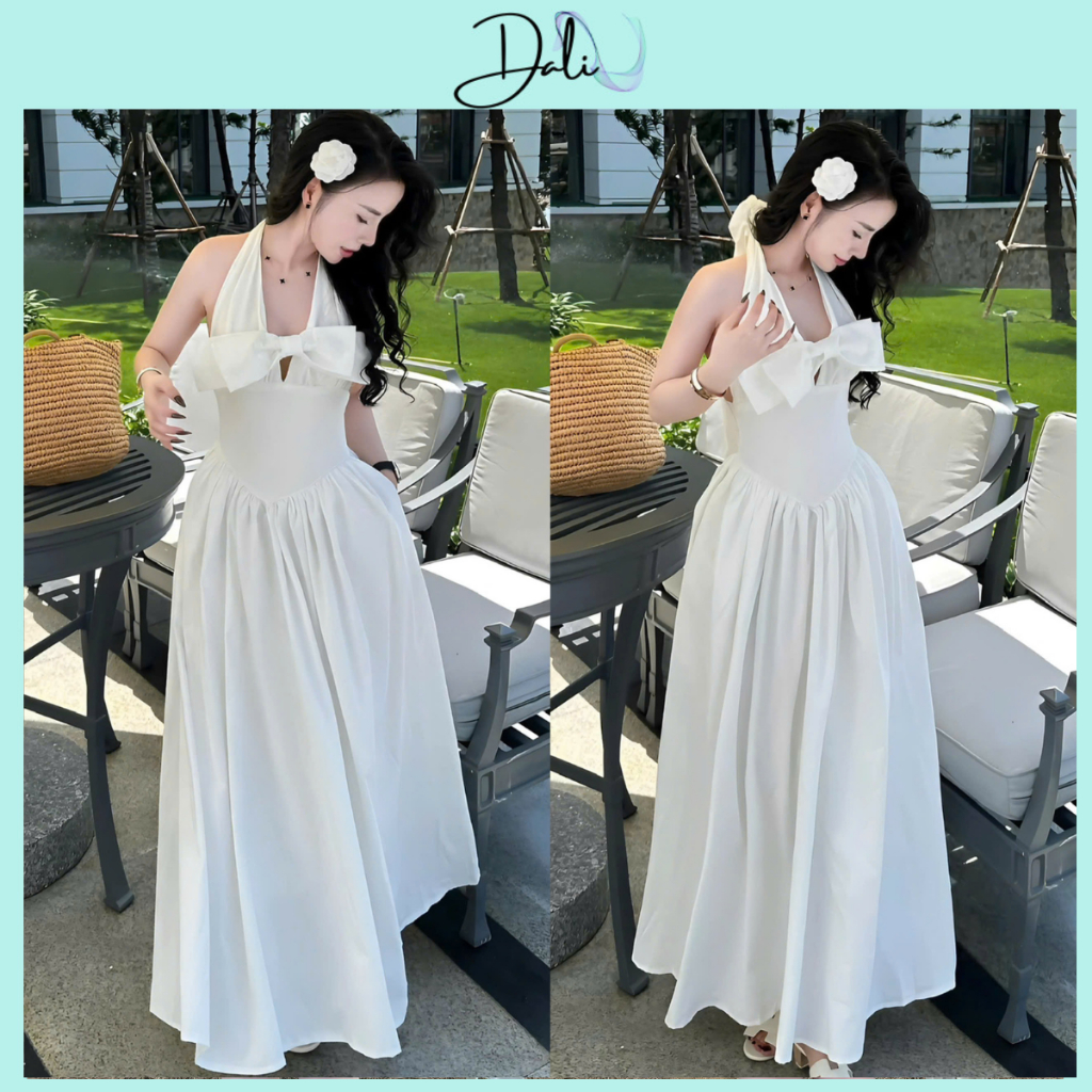 Đầm Maxi Cổ Yếm Dáng Dài Thắt Nơ Nguc Chất Liệu Thô Hàn Mềm Mại | BigBuy360 - bigbuy360.vn