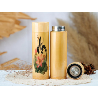 Bình Giữ Nhiệt Vỏ tre in thư pháp